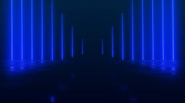 Karanlık bir arka plan ve yansıtıcı beton zemin üzerinde parlak renkli bir neon ışıklı figürün gelecekteki bilim kurgu soyutlaması. Modern lazer grunge. 3 Boyutlu resimleme