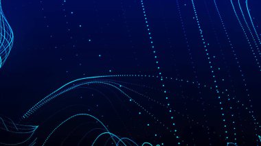 Parlayan parçacıkların dinamik dalgası. Veri sıralaması. Soyut dijital arkaplan. Büyük veri görselleştirmesi. Teknoloji çizimi. 3d oluşturma