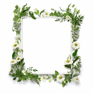 Yay çiçekleri kare vektör çerçevesi. Beyaz arka planda bitkiler, dallar, yapraklar ve çiçekler. Bahar çiçekleri. Çiçek deseni davetiye, kartpostal ve düzen için mükemmel.