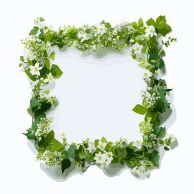 Yay çiçekleri kare vektör çerçevesi. Beyaz arka planda bitkiler, dallar, yapraklar ve çiçekler. Bahar çiçekleri. Çiçek deseni davetiye, kartpostal ve düzen için mükemmel.