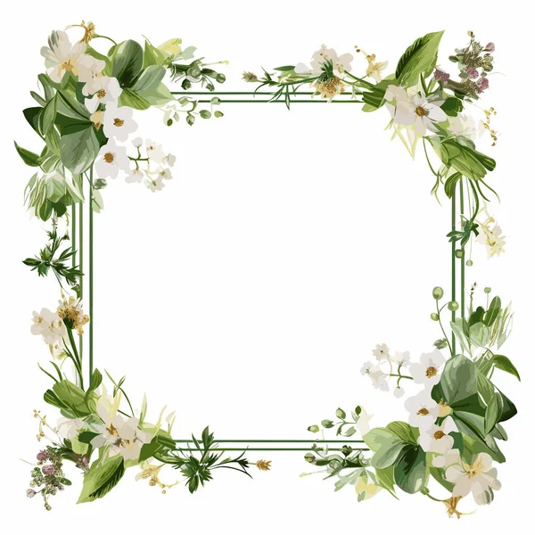 Άνοιξη Λουλούδια Τετράγωνο Διάνυσμα Πλαίσιο Φυτά Κλαδιά Φύλλα Και Λουλούδια — Διανυσματικό Αρχείο