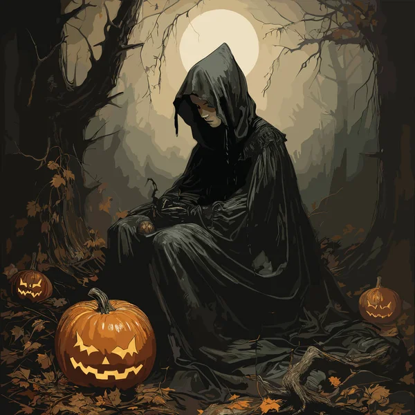 Halloween Achtergrond Griezelig Bos Met Dode Bomen Pompoenen Mysterieuze Heks — Stockvector