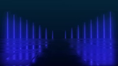 Karanlık bir arka plan ve yansıtıcı beton zemin üzerinde parlak renkli bir neon ışıklı figürün gelecekteki bilim kurgu soyutlaması. Modern lazer grunge. 3 boyutlu canlandırma. 4K.