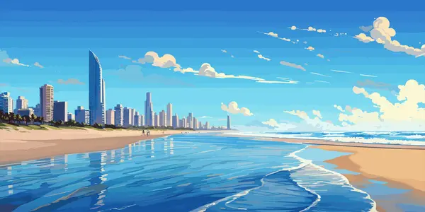 砂浜に大きなリゾート都市の建物 美しいビーチターコイズの海 雲のある青い空 晴れた日に水の上のヤシの木 海からの近代都市 — ストックベクタ