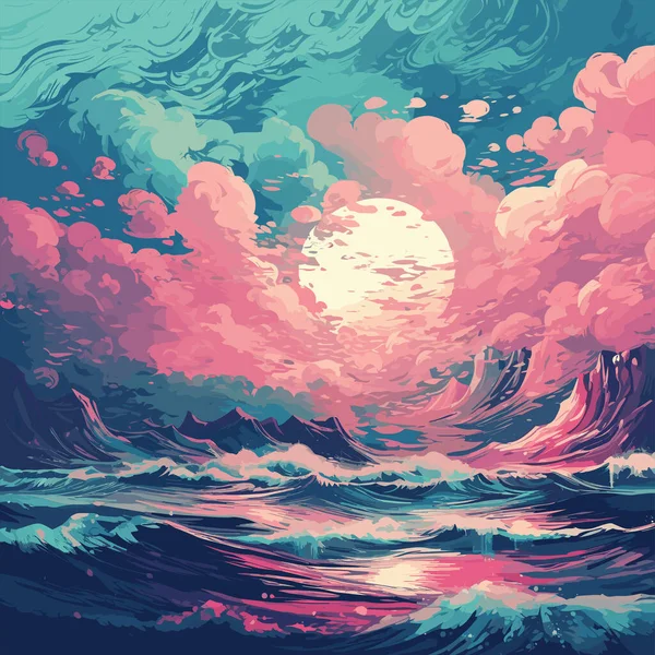Mer Avec Ciel Couchant Soleil Travers Les Nuages Belle Vague — Image vectorielle