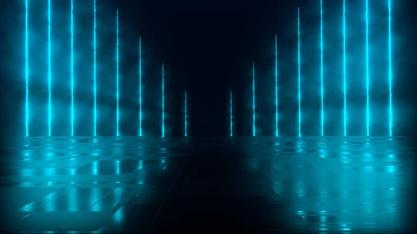 Karanlık bir arka plan ve yansıtıcı beton zemin üzerinde parlak renkli bir neon ışıklı figürün gelecekteki bilim kurgu soyutlaması. Modern lazer grunge. 3 Boyutlu resimleme