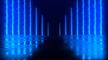 Karanlık bir arka plan ve yansıtıcı beton zemin üzerinde parlak renkli bir neon ışıklı figürün gelecekteki bilim kurgu soyutlaması. Modern lazer grunge. 3 Boyutlu resimleme