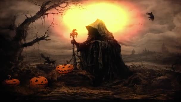 ハロウィーンの背景 枯れた木やカボチャが付いている不気味な森 暗い背景に雨が降った謎の魔女 カボチャでハロウィンデザイン 4Kアニメーション — ストック動画