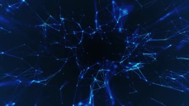 Ağ bağlantısı yapısı. Büyük veri. Noktalar ve doğrular birleştiriliyor. Soyut teknoloji geçmişi. 3D görüntüleme. 4k animasyon.