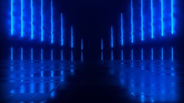 Karanlık bir arka plan ve yansıtıcı beton zemin üzerinde parlak renkli bir neon ışıklı figürün gelecekteki bilim kurgu soyutlaması. Modern lazer grunge. 3 Boyutlu resimleme