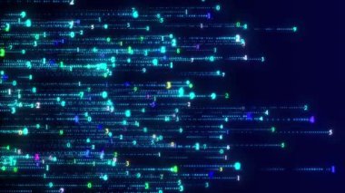 Rastgele numaralar uçuyor. Mavi matris arka planı. Ondalık basamakların akışı. 3 boyutlu görüntüleme. 4K canlandırması.