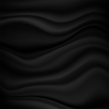 Saten kumaşın dokusu siyah renklidir. Siyah dalgalı kumaş. Soyut lüks arka plan. Saten dokusu arkaplan ve kopyalama alanı olarak kullanılabilir. Vektör illüstrasyonu