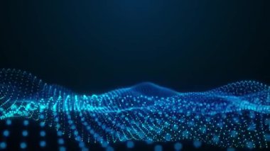 Teknoloji geçmişi. Gelecekçi nokta dalgası. Parçacıkların soyut dijital dalgası. Karanlık arka plan. Bağlantı yapısı. Üç boyutlu. 4k animasyon.