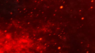 Yanan ateşin yakın çekimi, siyah arka planda yanan kıvılcımlar, 4K. Kıvılcım. Çırpınan soyut parçacıklar hareketi. Ateşli turuncu parlak kor parçacıklarının 3 boyutlu animasyonu yanan kül parçacıkları.