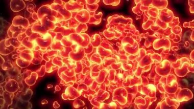 Hücrelerin üç boyutlu görüntüsü. Kırmızı-turuncu renkli hücreler. Kırmızı-turuncu renkli sıvı baloncuklu soyut arkaplan. Maddenin hücrelere benzer elementlerini hareket ettiriyor. Kusursuz döngü canlandırması.