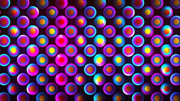 Rainbow illusion of neon circles in rows in a dark space, abstract futuristic background in motion style. Background of rainbow colored neon circles. Abstract festive background for advertising, congratulations.