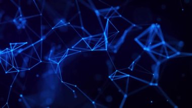Ağ bağlantısı noktaları ve çizgileri. Veri teknolojisi çizimi. Soyut ve dinamik bir arkaplan. Pleksus. 3D görüntüleme. 4K canlandırması.