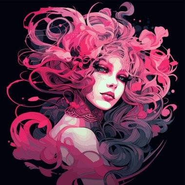 Gizemli. Soyutlama. Genç kadın muhteşem vektör illüstrasyonu