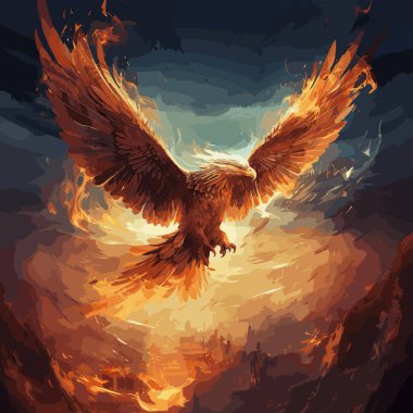 The phoenix flies, blazing with the fire of a bird. Mythical creatures. Rebirth of the epic fire phoenix. vector illustration clipart