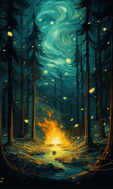 Picture of a forest, river, fire. Camping illustration. Nature, fire bonfire forest vector illustration clipart