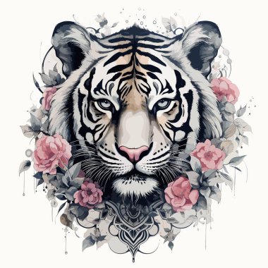 Suluboya stili pastel güzel kaplan ve bahar çiçekli sanat dövmesi. Hayvanlar vektör illüstrasyonu.