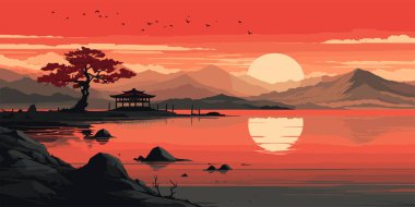 Asya manzara tapınağı ve dağları, gölü, nehri, ağaçları gösteren bir resim. Oryantal resim. Japon manzarası. Dağlar, bulutlar, ağaçlar, ay ışığı vektörü