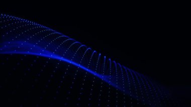 Parçacık dalgası. Karanlık arka planda gelecekteki noktalar. Büyük veri dijital kodu. Teknoloji mi yoksa Bilim Sancağı mı? 3 boyutlu görüntüleme. 4K canlandırması.