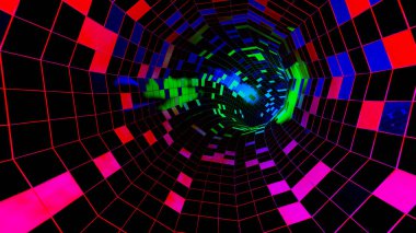 Renkli ayna yapıları arasında uçmak, neon parıltısıyla tünel benzeri bir teknolojik alan yaratmak. Tasarım karmaşıklığında bilim kurgu uçuşu. Neon parıltısı. 3D pürüzsüz parlak arkaplan