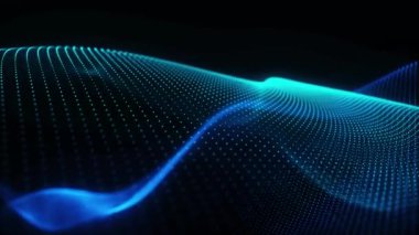 Parçacık dalgası. Karanlık arka planda gelecekteki noktalar. Büyük veri dijital kodu. Teknoloji mi yoksa Bilim Sancağı mı? 3 boyutlu görüntüleme. 4K canlandırması