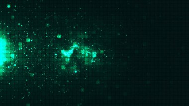 Yeşil karelerin ve parlak parçacıkların kusursuz soyut arkaplanı. Soyut eğim arkaplanı. Web tasarımı için arka plan. Küçük kare basit bilgisayar mozaik blokları. 3B görüntüleme