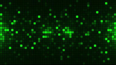 Yeşil karelerin ve parlak parçacıkların kusursuz soyut arkaplanı. Soyut eğim arkaplanı. Web tasarımı için arka plan. Küçük kare basit bilgisayar mozaik blokları. 3B görüntüleme