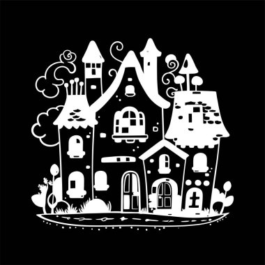 Bir evin siyah beyaz çizimi. Parmak izleri, kartlar, tekstil çizimleri. Çizgi film çizimleri. Vektör