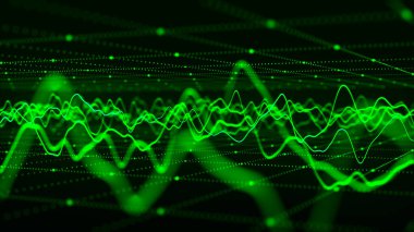Parçacık dalgası. Karanlık bir arkaplanda noktaların ve çizgilerin gelecekteki deseni. Ses dalgalarının görüntüsü. Büyük veri dijital kodu. Teknoloji ya da bilim afişi. 3B görüntüleme.