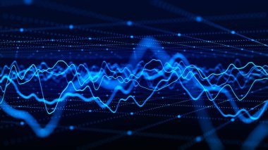 Parçacık dalgası. Karanlık bir arkaplanda noktaların ve çizgilerin gelecekteki deseni. Ses dalgalarının görüntüsü. Büyük veri dijital kodu. Teknoloji ya da bilim afişi. 3B görüntüleme.