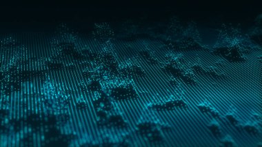 Teknoloji geçmişi. Gelecekçi nokta dalgası. Parçacıkların soyut dijital dalgası. Karanlık arka plan. Bağlantı yapısı. Pleksus. 3d oluşturma.