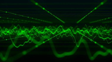 Parçacık dalgası. Karanlık bir arkaplanda noktaların ve çizgilerin gelecekteki deseni. Ses dalgalarının görüntüsü. Büyük veri dijital kodu. Teknoloji ya da bilim afişi. 3B vektör illüstrasyonu.