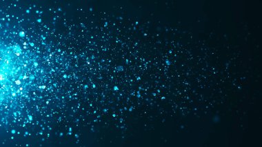 Yatay olarak uçan parlak parçacıkların dinamik dalgası. Parlayan parlak parçacıklar uzayda uçar. Bokeh etkisine sahip ışıldayan parçacıklar. 3B Vektör illüstrasyonu.