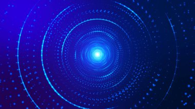 Soyut dijital arkaplan. Büyük veri görselleştirmesi. Çok renkli parçacıklar ve çizgilerden oluşan fantastik bir çemberin dairesel dönüşü. Güzel renkli spiral. 3B vektör illüstrasyonu.