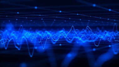Parçacık dalgası. Karanlık bir arkaplanda noktaların ve çizgilerin gelecekteki deseni. Ses dalgalarının görüntüsü. Büyük veri dijital kodu. Teknoloji ya da bilim afişi. 3B vektör illüstrasyonu.