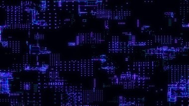 Yazılı devre kartı. Gelişmiş teknoloji kavramının görselleştirilmesi: PCB işlemci mikroçip, nöral ağların dijitalleştirilmesi ve bulut hesaplaması. Dijital çizgiler veri iletir. Vektör illüstrasyonu.