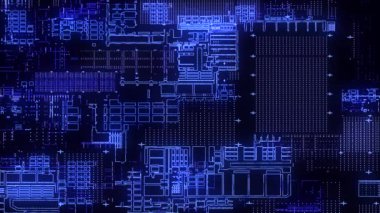 Yazılı devre kartı. Gelişmiş teknoloji konsepti görselleştirme: PCB işlemci mikroçip, nöral ağ dijitalleştirmesi ve bulut hesaplaması. Dijital çizgiler veri iletir. 4K canlandırması