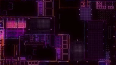 Yazılı devre kartı. Gelişmiş teknoloji konsepti görselleştirme: PCB işlemci mikroçip, nöral ağ dijitalleştirmesi ve bulut hesaplaması. Dijital çizgiler veri iletir. 4K canlandırması