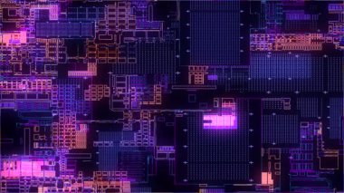 Yazılı devre kartı. Gelişmiş teknoloji konsepti görselleştirme: PCB işlemci mikroçip, nöral ağ dijitalleştirmesi ve bulut hesaplaması. Dijital çizgiler veri iletir. 4K canlandırması