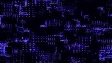 Yazılı devre kartı. Gelişmiş teknoloji konsepti görselleştirme: PCB işlemci mikroçip, nöral ağ dijitalleştirmesi ve bulut hesaplaması. Dijital çizgiler veri iletir. 4K canlandırması