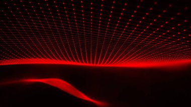 Teknoloji geçmişi. Gelecekçi nokta dalgası. Parçacıkların soyut dijital dalgası. Karanlık arka plan. Bağlantı yapısı. 3d Vektör illüstrasyonu.