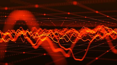 Parçacık dalgası. Karanlık bir arkaplanda noktaların ve çizgilerin gelecekteki deseni. Ses dalgalarının görüntüsü. Diyagram. Büyük veri dijital kodu. Teknoloji ya da bilim afişi. 3B görüntüleme.