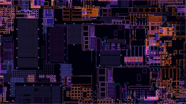 Yazılı devre kartı. Gelişmiş teknoloji kavramının görselleştirilmesi: PCB işlemci mikroçip, nöral ağların dijitalleştirilmesi ve bulut hesaplaması. Dijital çizgiler veri iletir. Elektronik bilgisayar donanımı teknolojisi