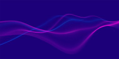 Gelecekçi nokta dalgası. Soyut dijital parçacık dalgası. Teknoloji geçmişi. Renkli müzik dalgası. Karanlık arka plan. Yumuşak, dalgalı kıvrımları olan dijital bir arkaplan. 3B vektör illüstrasyonu.