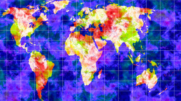 World map with global temperature changes. Global warming concept. Map of temperature and weather in different regions of the earth. Tropical cyclones, strong hurricanes, intense precipitation. Vector illustration