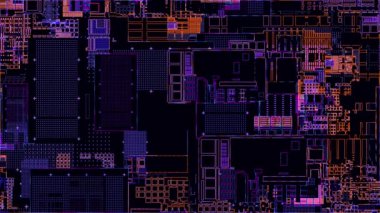 Yazılı devre kartı. Gelişmiş teknoloji konsepti görselleştirme: PCB işlemci mikroçip, nöral ağ dijitalleştirmesi ve bulut hesaplaması. Dijital çizgiler veri iletir. 4K canlandırması